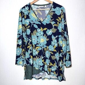 Susan Graver Tunic Top Sz 1X Floral Print Liquid‎ Knit Long Slv Asymmetric Boho